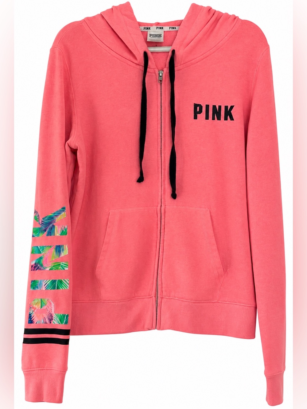 PINK Victoria's Secret Coral Pink Zip-Up Hoodie with Tropical Sleeve Detail~